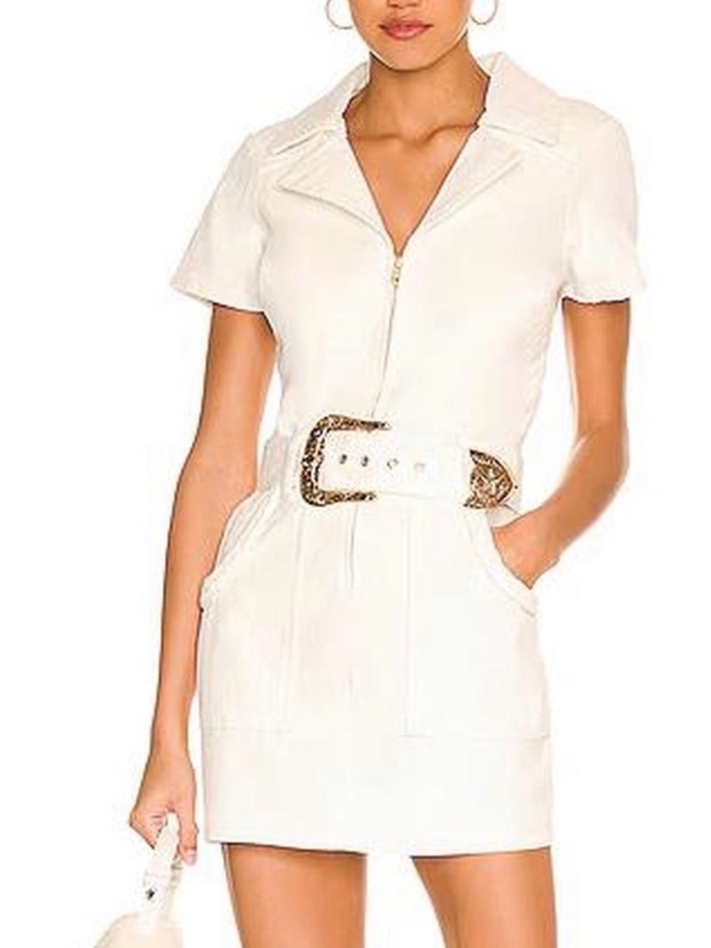 Show Me Your MuMu White Short Sleeve Mini Dress with Embellished Belt